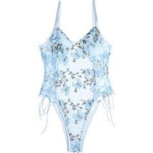 Women Sexy Lingerie Bodysuit Top Mesh Sheer One Piece Butterfly Light Blue